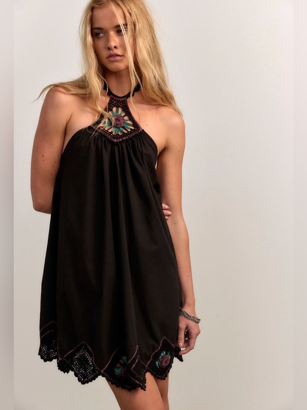 Free People Black Halter Mini Dress with Embroidered Neckline